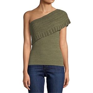 Manoush One Shoulder Top Variegated Olive Moss Bodycon stretch Top Ruffle S NEW